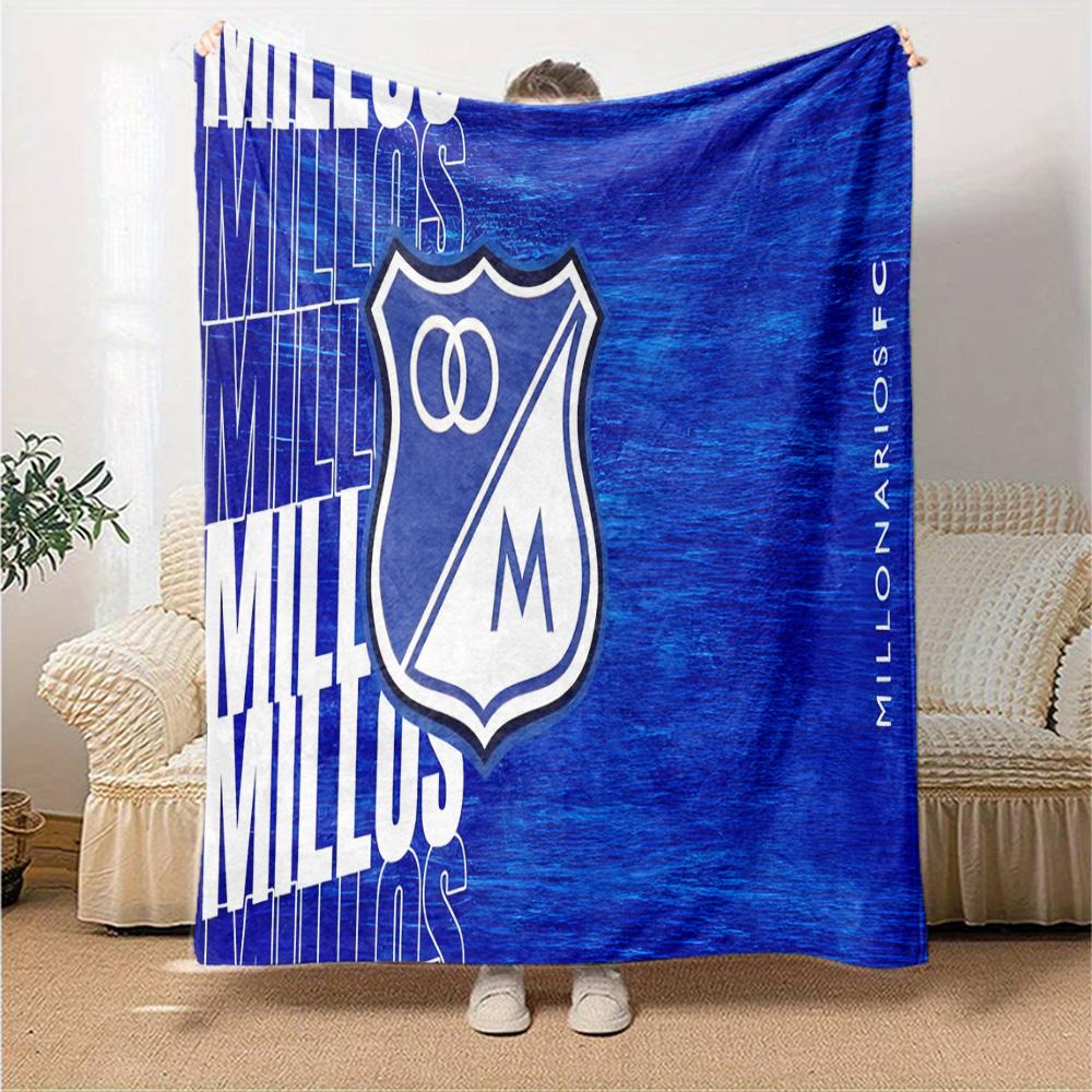 Blue And White Shield Millonarios Flannel Blanket, Soft Polyester, Modern Design, All-Season for Camping, Travel, Gifts for holidays or birthdays