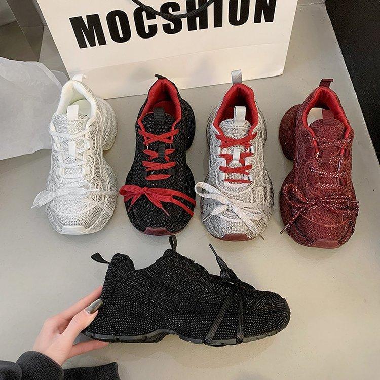 European Ankara Red Full Diamond Dad Shoes Women 2025 New Versatile Platform-soled Sports Shoes Fried Street Casual Shoes Tide