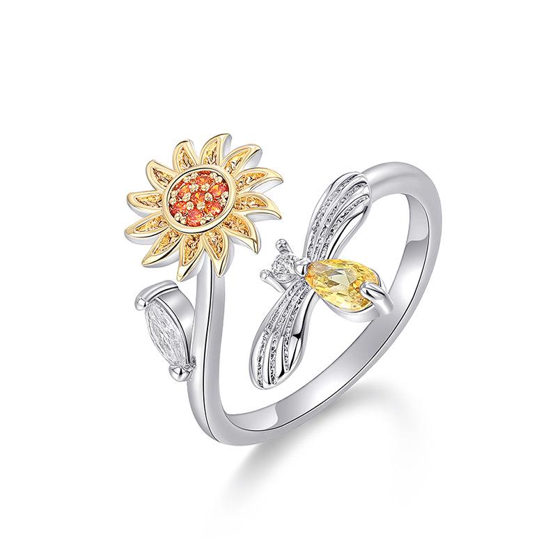Ring, Adjustable Open Ring, Bee Honey Flower Ring