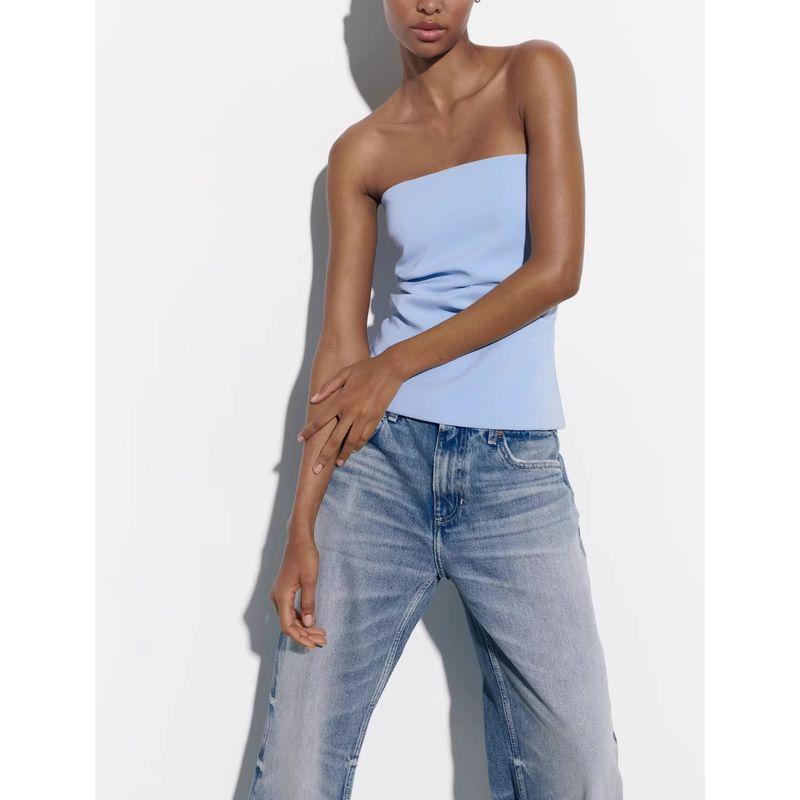 Spring New Arrival Pure Desire Style White Ruched Tight Straight Collar off-the-Shoulder Tube Top Tops 7903717 3067089