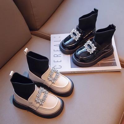 Girls Rhinestone Princess Boots Square Buckle Kids Sweet Sock Shoes Children Leather Boots Soft Sole Anti-Slippery 2024 New