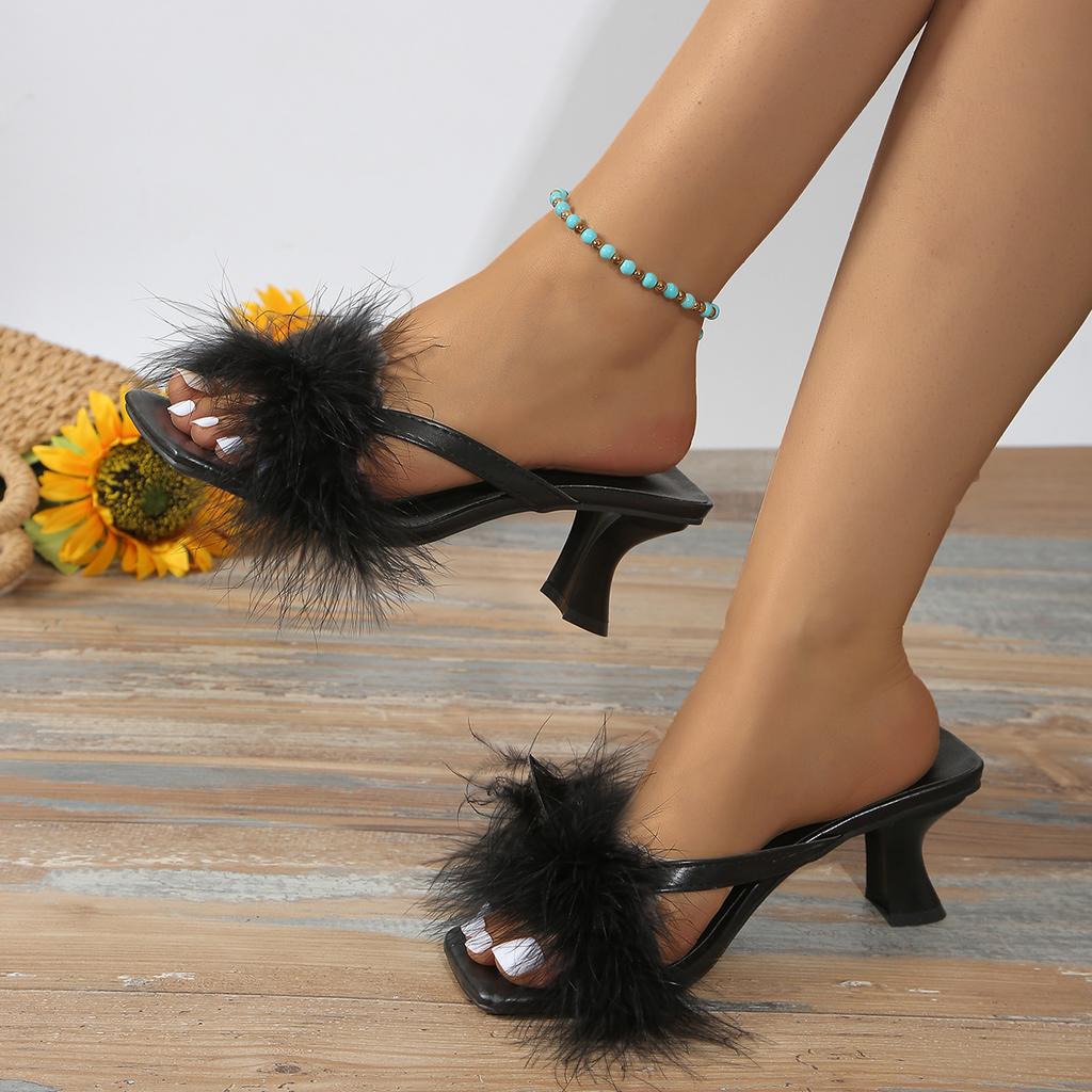 Sweet Sandals for Women Casual  Strange Mid Heels Shoes for Women Fashion Solid Fur Leather Slip On Summer Sandals Plus Size