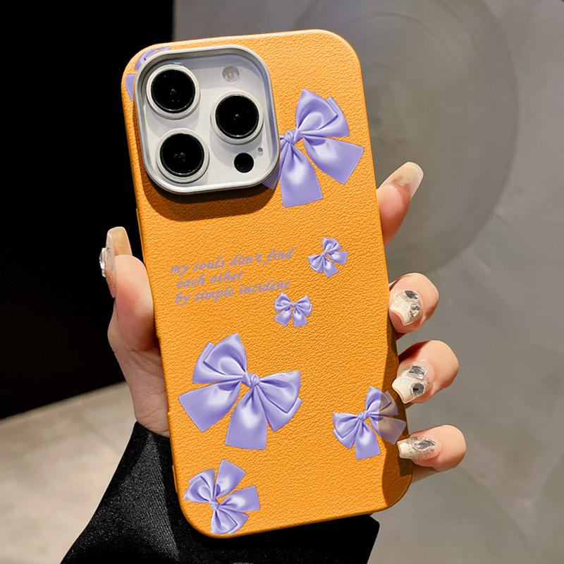 Purple Bowknot Print TPU Leather Texture Slim Magnetic Case For iPhone 16 Pro Max 15 14 Pro 13 12 11 for MagSafe Matte Shockproof Soft Phone Cover