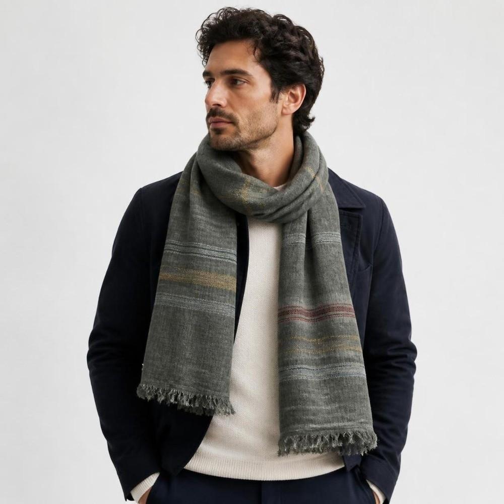 Tassel Winter Men's Scarves Cotton Linen Yarn-dyed Neckerchief  Wrap Casual Long Scarf  Outdoor