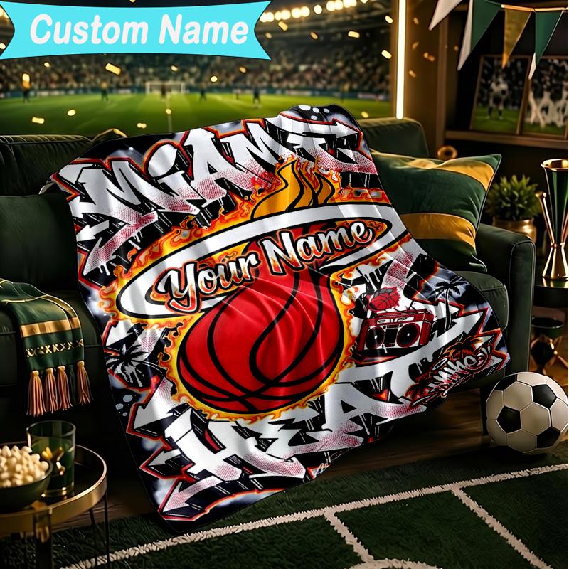1PC Custom Name Blanket Heat Miami Team Spirit Flannel blankets Patterns Throw Blanket All-Season Soft Gift for Couch, Bed, Camping, Birthday gifts