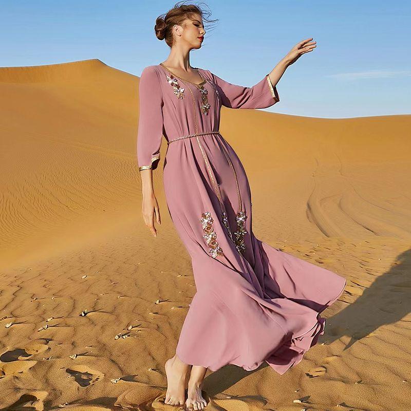 New Arrival Hand-Stitched Diamond Stitching Gold Ribbon High-Grade Dress Ruffled Long Dress Ethnic Style Dress