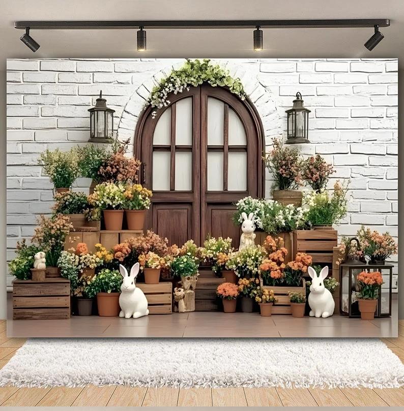 Easter white brick wall flower rabbit Easter egg shooting Backdrop spring flower wall children's birthday party banner Backdrop