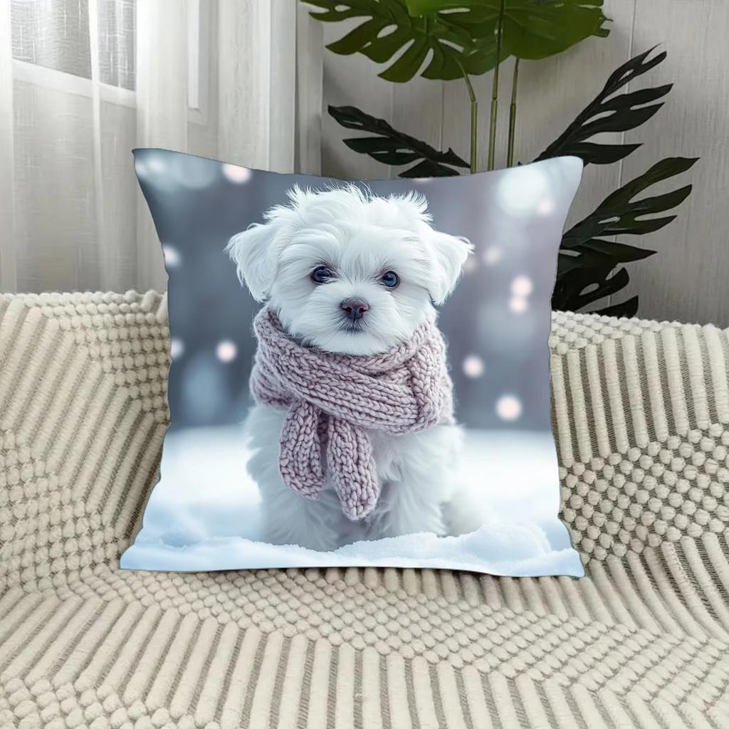 Double Sided Merry Christmas Maltese Pillow Cover, Soft Polyester Puppy Print Cushion for Sofa Bedroom Living Room New Year Gift