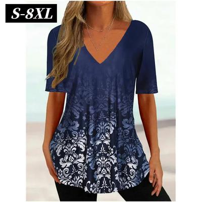 S-8XL Plus Size T-Shirts for Women's Relaxed Ladies Clothes Fashion V-neck Short Sleeve Tops Tees Female Oversized Pullover
