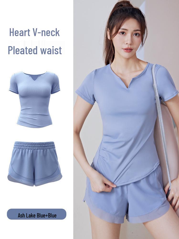 Quick-Dry Summer V-Neck Yoga Set: Short Sleeve Top & Mesh Shorts