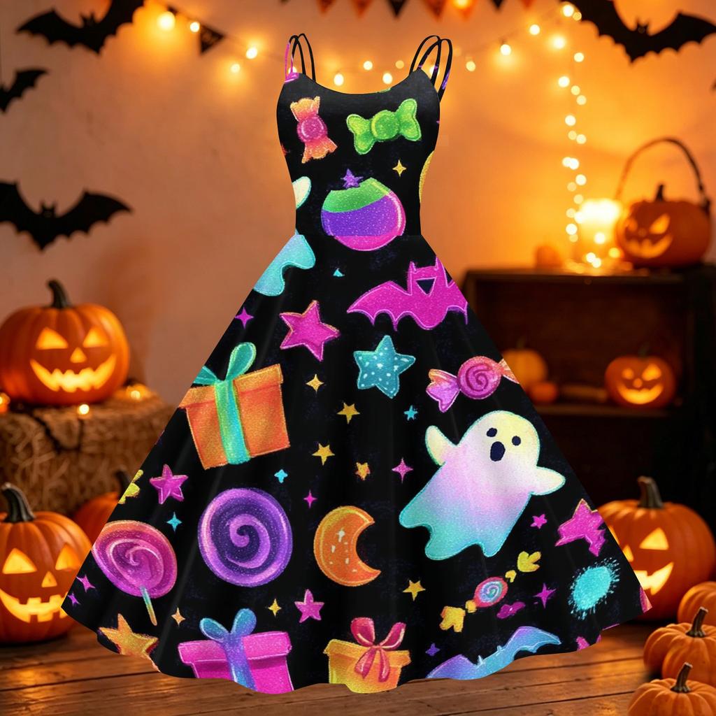 Womens Halloween Print Dress Spaghetti Strap Off Shoulder Punk Vintage Style Midi Dress Casual Party Dress
