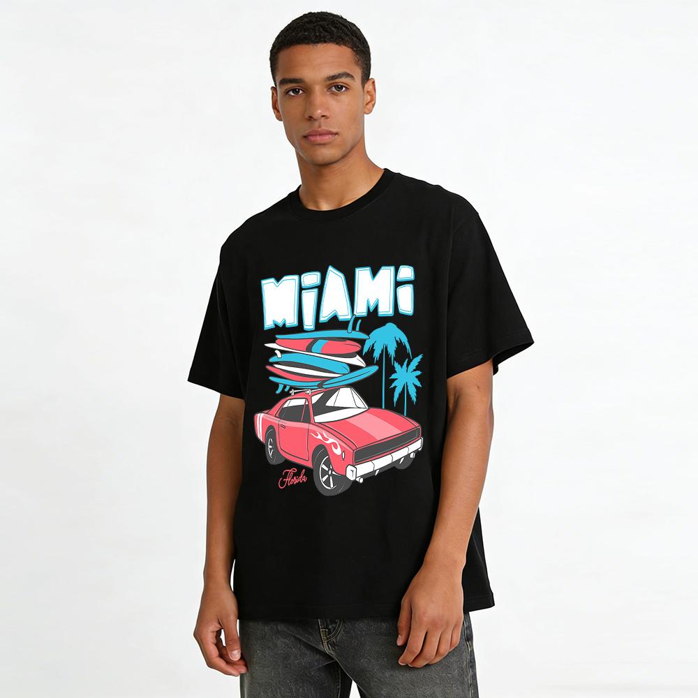 Florida Miami Surf Sports Car Graphic Tee Casual Vacation Top Pure cotton T-shirt