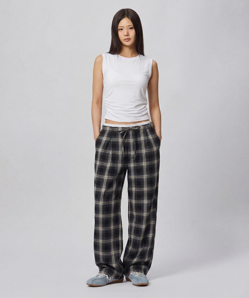 Beodeonteu Check Layered Single-Pleat Wide Pants [Black]