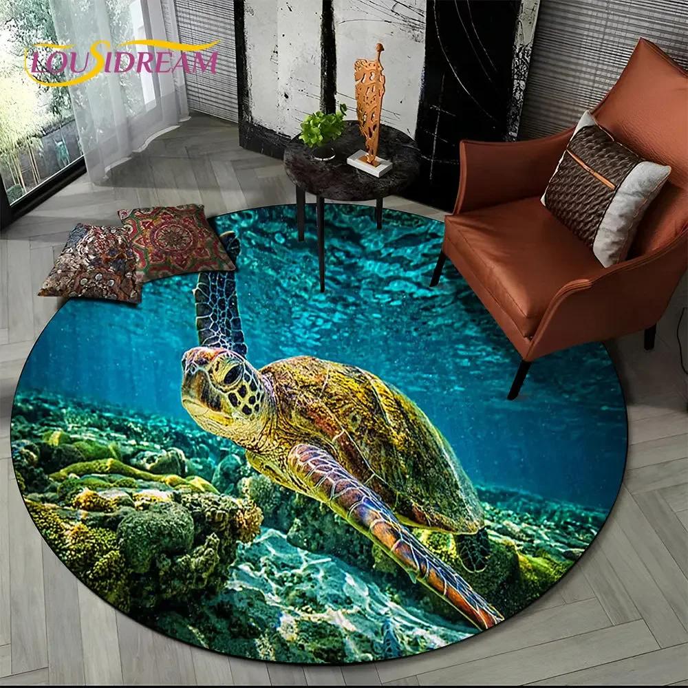 Unterwasserwelt Runder Bereichsteppich–Delfin & Schildkröte Ozean Teppich für Wohnzimmer oder Schlafzimmer–Rutschfeste Bodenmatte, Kinder Spielzimmer Deko