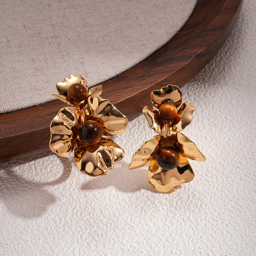 18K Äkta Guldpläterade Tigeröga Blomma Geometriska C-formade Silvernålshängen Maillard Vintage Örhängen