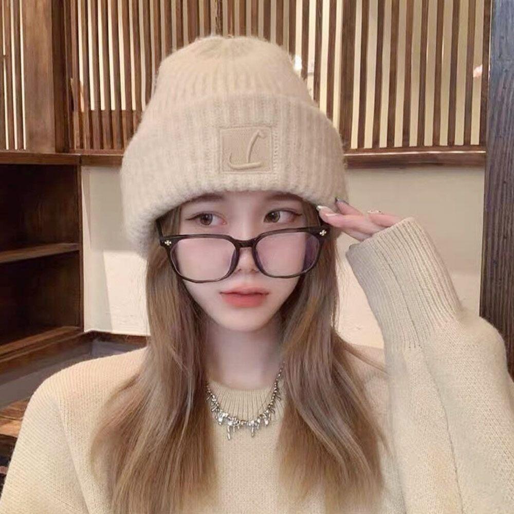 Windproof Warm Hat Solid Color Knitted Cap Winter Warm Beanies  Women