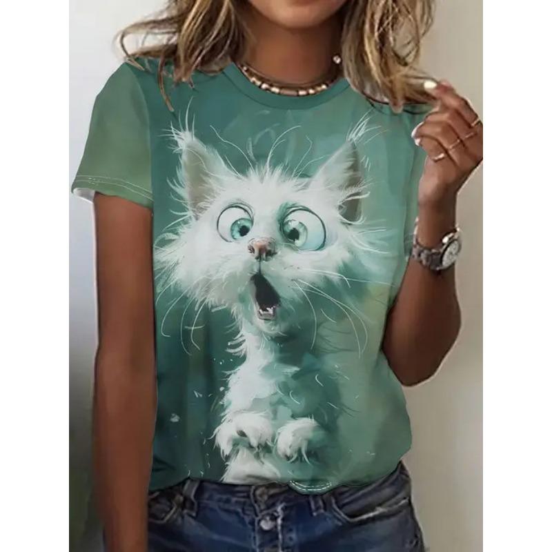 Summer Round Neck Short Sleeved Casual Versatile Top with Animal Print Women's T-shirts