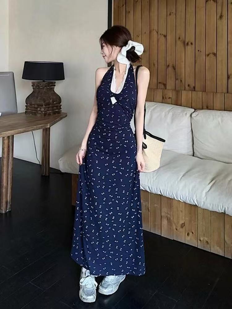 French blue neck sling hip dress children's summer 2026 new backless temperament floral dress