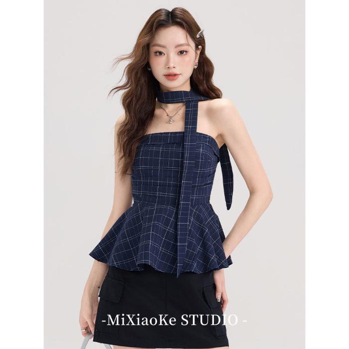 Women s Retro Color Block Ruffle Strapless Vest - Slim Fit Off-the-Shoulder Summer Top Medium синий