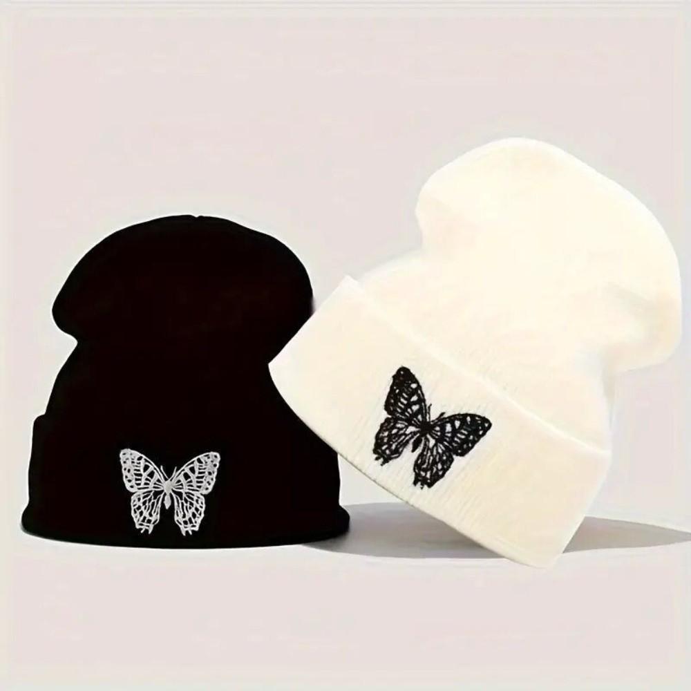 Embroidered Butterfly Knitted Pullover Hat Windproof Ski Bonnets Hat Winter Warm Skullcap