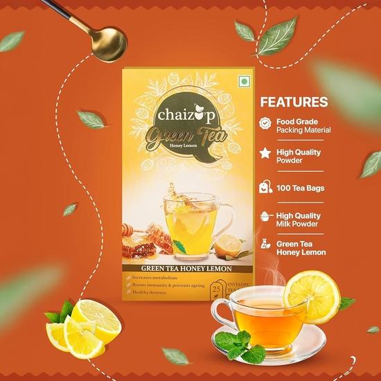 Chaizup Green Tea Lemon Honey - 25 Tea Bags | Green Tea with Honey Lemon Flavours | 25 Servings | 50g