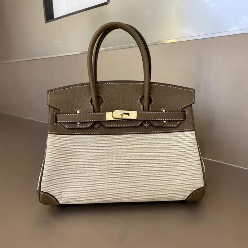 2024 35cm Top Layer Togo Leather Cowhide With Linen Canvas Platinum Bag Genuine Handbag Cross-body