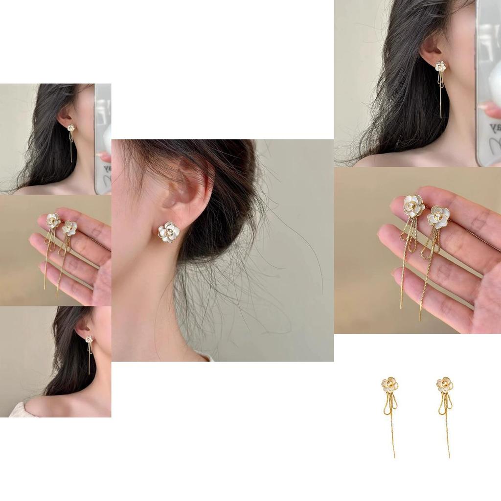 Elegant And Stylish Alloy Camellia Tassel Earrings Long And Slim Ear Thread Women's Fashion Accessories