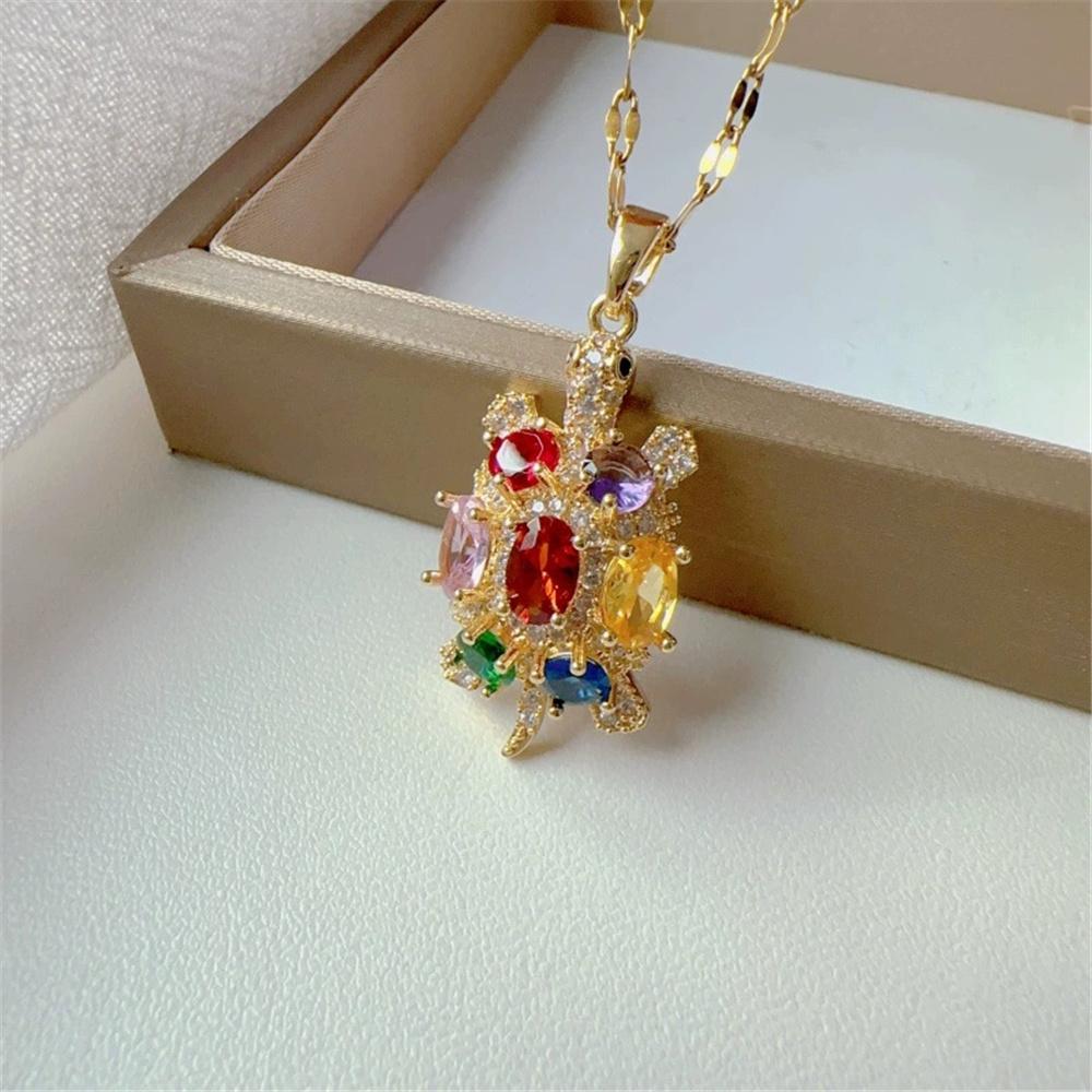 Cute Female Rainbow Zircon Stone Pendant Necklace Vintage Gold Color Wedding Jewelry For Women