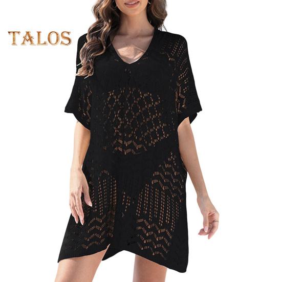 Women's Mesh Crochet Swimwear Cover-Up V-Neck Short Sleeve Hollow Out Beachwear Loose Fit Bikini Cover Up Dress for Vacation Travel
