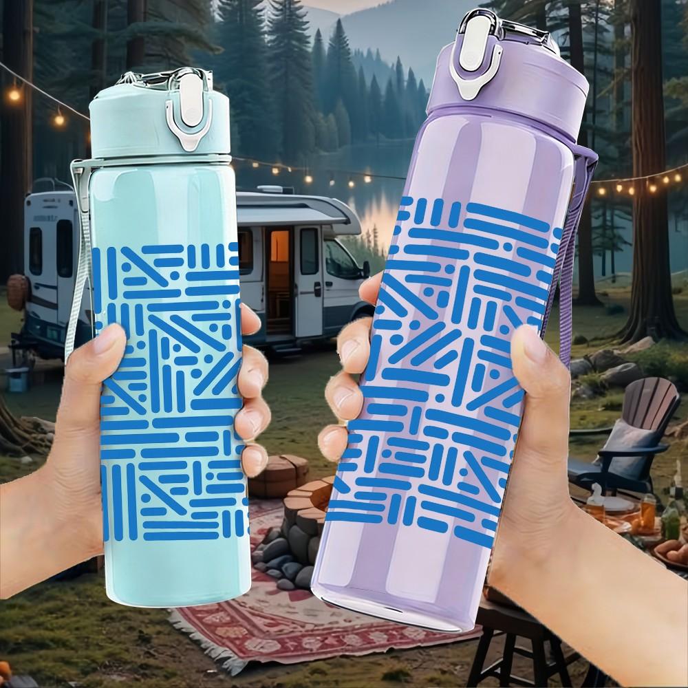 1PC Blue Geometric Line Maze Pattern 750ml Color Plastic Sports Water Bottle Leakproof Flip Straw Lid Suitable for Sports Office Home Use