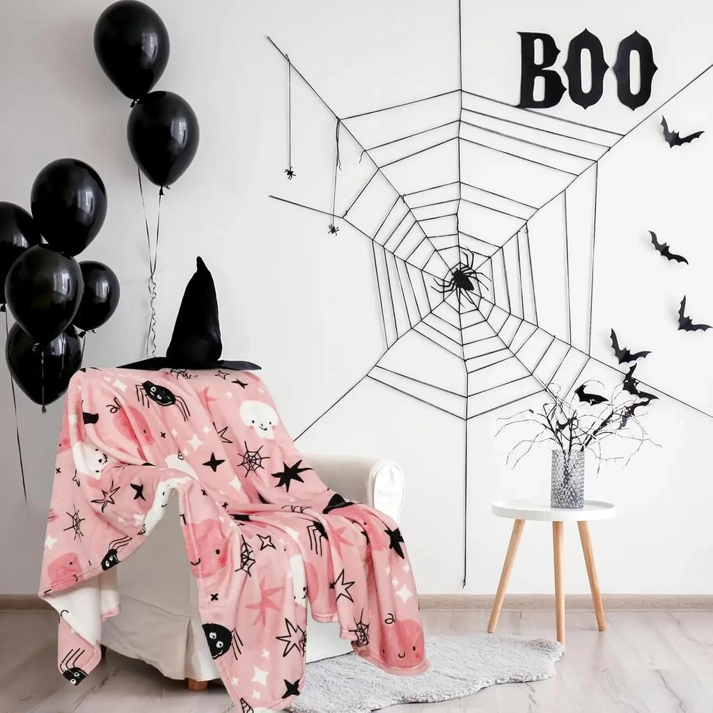 Halloween Fuzzy Blanket – Pink Cute Pumpkin, Ghost & Bat Throw, Cartoon Soft Cozy Flannel for Home Party, Bed, All-Season Use