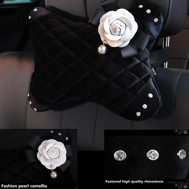 Fashion Soft Plush Crystal Car Neck Headrest Pillow Pearl Camellia Flower Auto Seat Neck Pillow Velvet Head Support Accessory