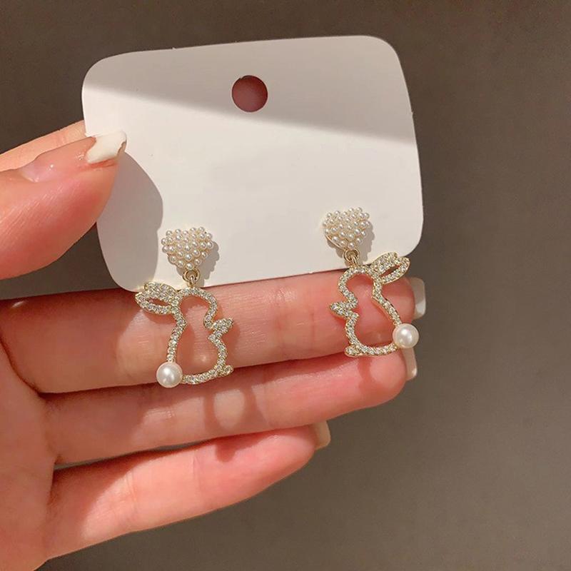 Cute Hollow Rabbit Drop Earrings for Women Crystal Imitation Pearl Heart Dangle Earrings Party Sweet Girls Gift Animal Jewelry