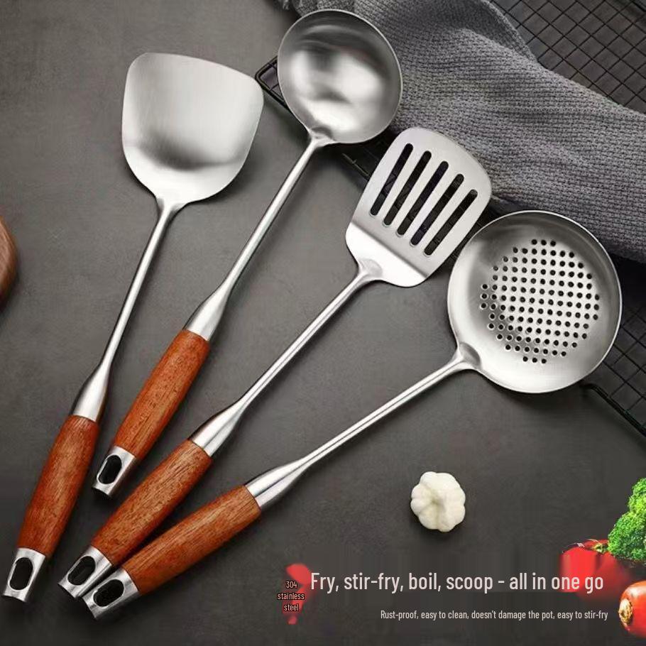 New Chinese Style Stainless Steel Kitchenware Set: Wooden Handle Spatula, Ladle, Colander, Spoon, and Pot Spoon - Anti-Scald Design