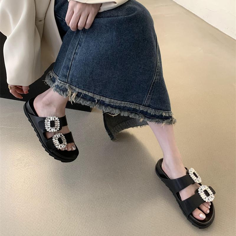 2025 Brand Rhinestone Shoes Ladies High Heels Platform Sandals Double Buckle Band Slippers Woman Muffins Crystal FlipFlops Mujer