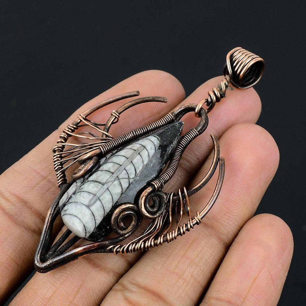 Orthoceras Fossil Jewelry, 999 Copper Wire Wrapped Pendant Handmade Gemstone Jewelry, Gifts For Wedding Pendant