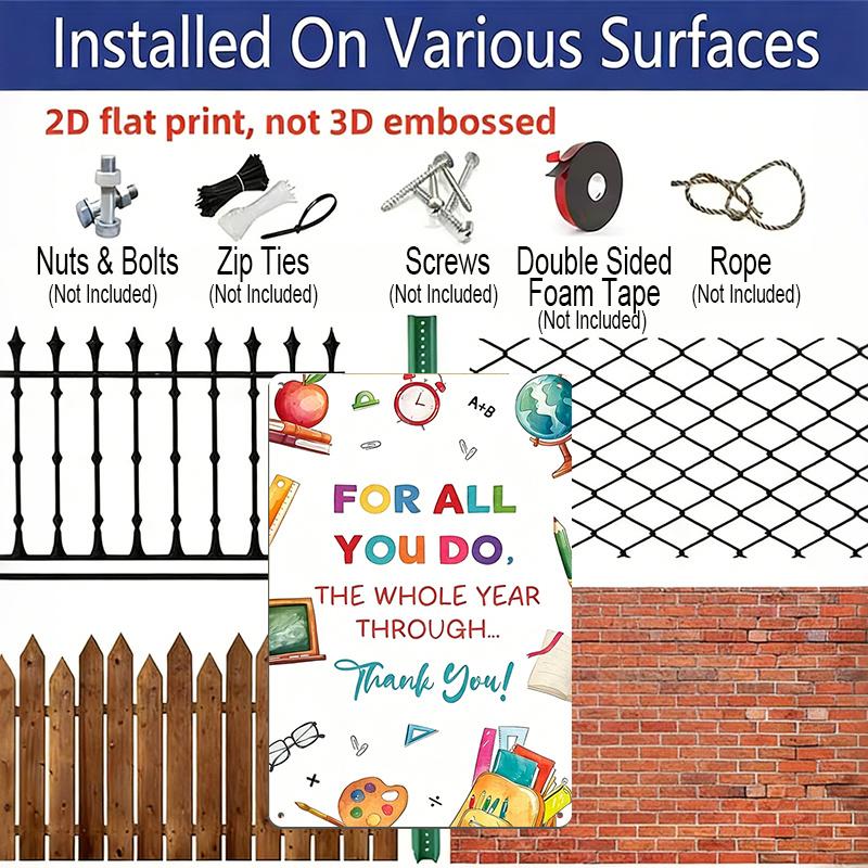 2D Flat 8×12 Inch "For All You Do, The Whole Year Through Thank You!" Teacher Appreciation Metal Sign - Grateful Quote Wall Decor, Aluminum Hanging
