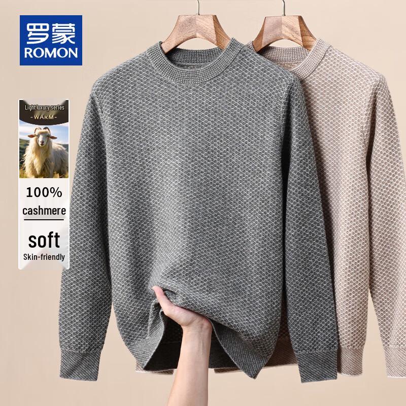 ROMON Men's 100% Cashmere Half-High Collar Thickened Plaid Sweater