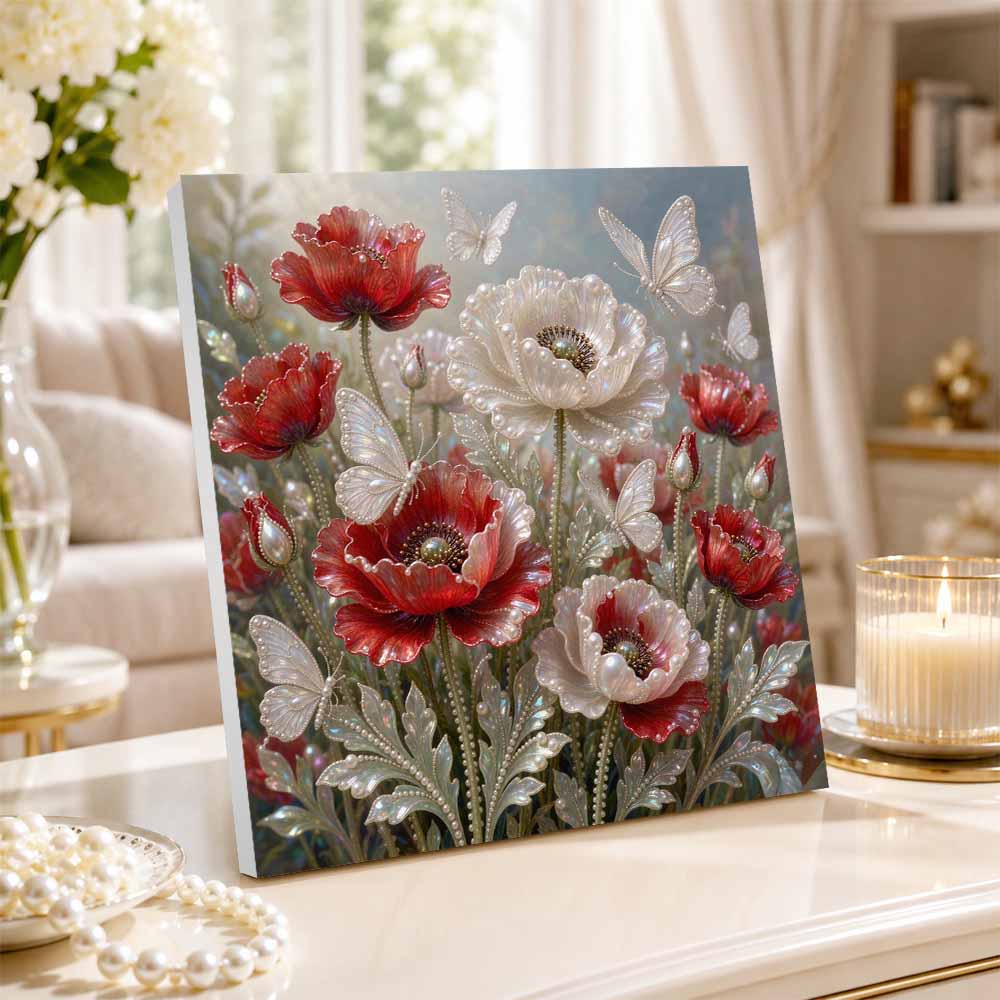 Pearl Painting 5D DIY Decorative Painting. Red Flowers and White Butterflies. Cute Birthday Gift. Handmade Art Painting