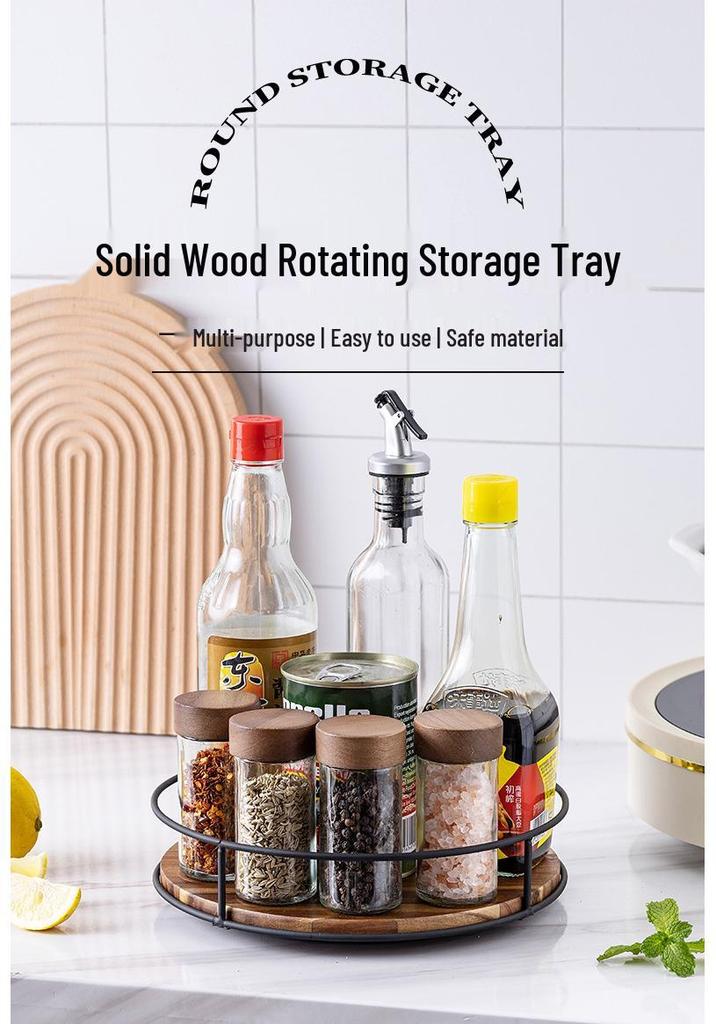 Solid Wood & Steel Rotating Organizer Tray for Spices & Makeup