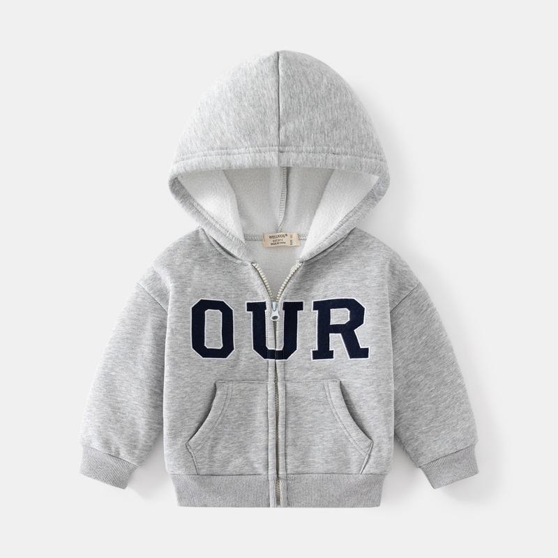 Boys Casual Letter Printed Fleece Lined Hooded Long Sleeve Zip Up Jacket