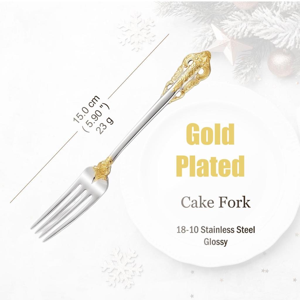 Conjunto de Talheres de Aço Inoxidável Prata, Talheres Vintage, Cabo Oco, Talheres para Casamento, Barroco, 18/10, Dourado Brilhante