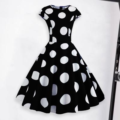 O-neck Short Sleeve Women Dress High-waist Skater Hem Waist Tight Vintage Dot Printed Party Midi Dress
