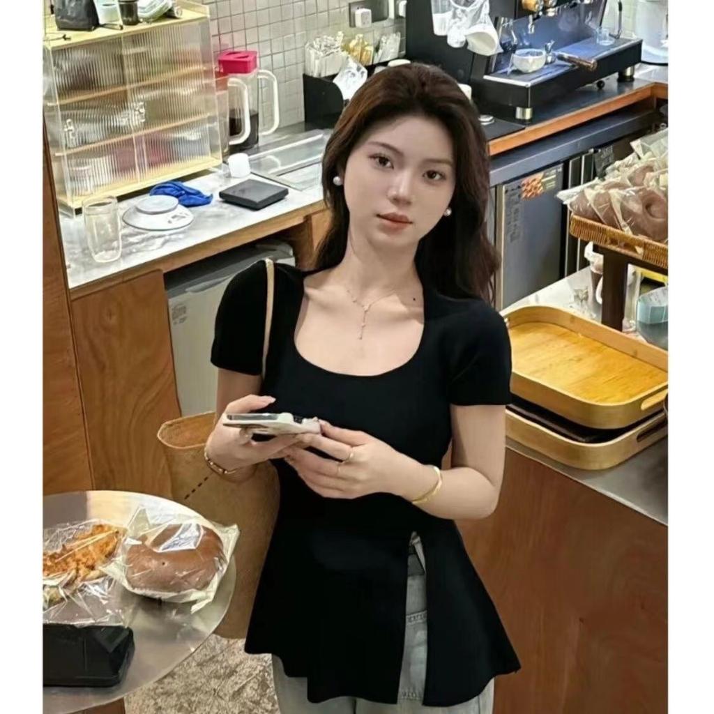 Large Size Fat MM French Short-sleeved T-shirt Women's Summer New Design Sense Slim Cover Meat Trend Square Collar Top