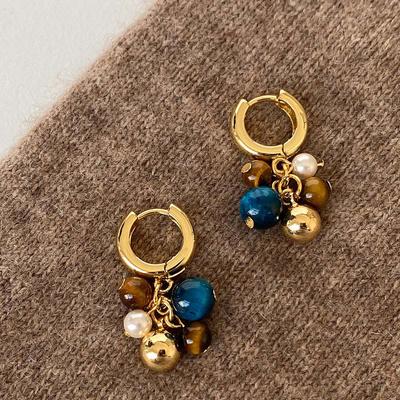 Vintage Natural Stone Colored Round Beads Pendant Gold Earrings Trendy Jewelry Unusual Ear Accessories for Women