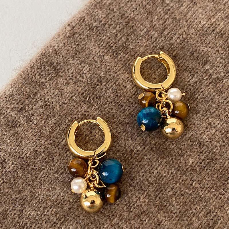 Vintage Natural Stone Colored Round Beads Pendant Gold Earrings Trendy Jewelry Unusual Ear Accessories for Women