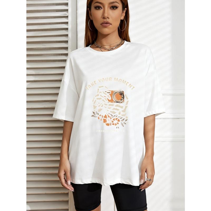 White Oversized T Shirt With Camera And Floral Print Take Your Moment Text For Casual Wear