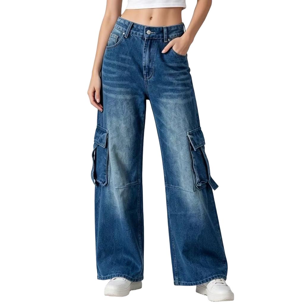 Women's Casual Straight Leg Jeans with Pockets - Loose Fit Denim Pants