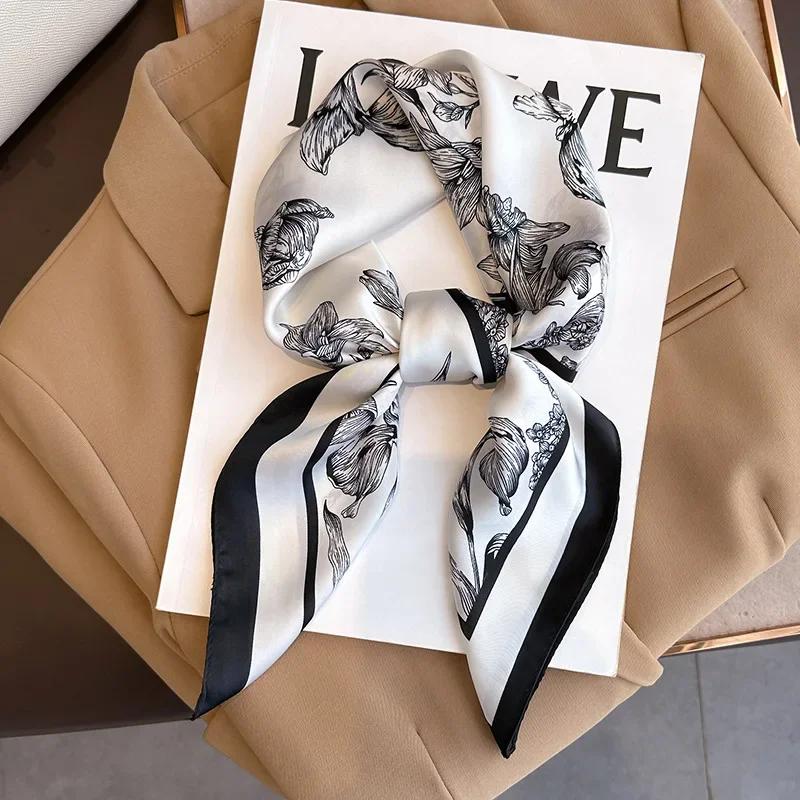 Luxury Floral Print Silk Square Scarf Women Foulard Hairband Hands Bag Ribbon Head Hijab Neckerchief Headbands Soft Satin