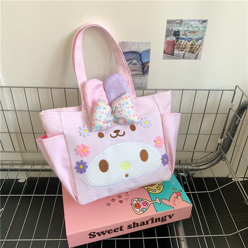 

Новая милая холщовая вышитая сумка через плечо с кроличьими ушками и цветами, сумка для ланча, портативная студенческая сумка для бэнто через плечо